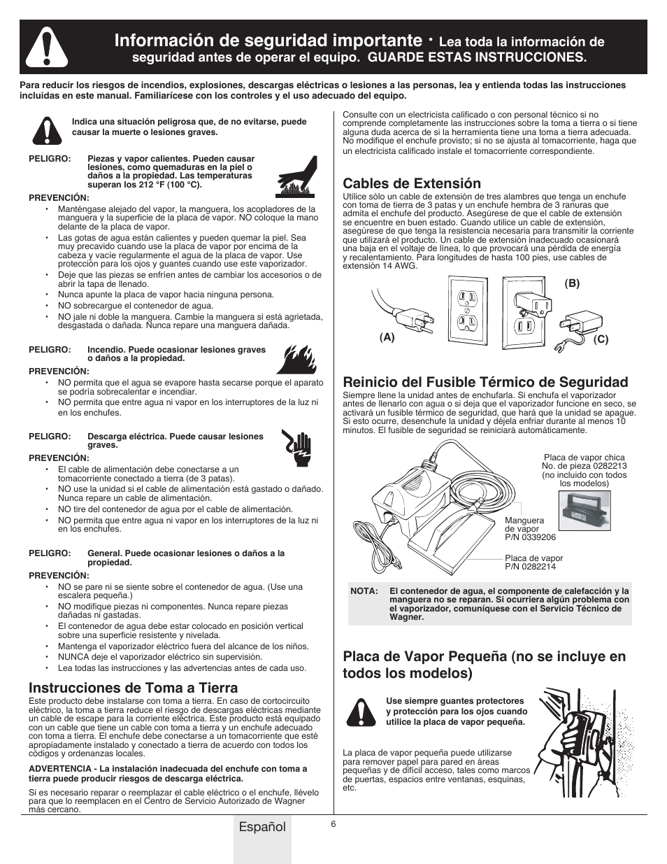 Información de seguridad importante, Instrucciones de toma a tierra, Cables de extensión | Reinicio del fusible térmico de seguridad, Español | Wagner 705 Steamer User Manual | Page 6 / 8