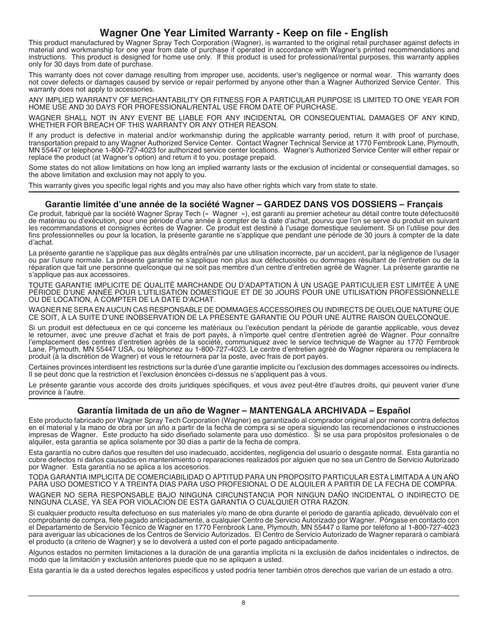 Wagner 705 Steamer User Manual | Page 8 / 8