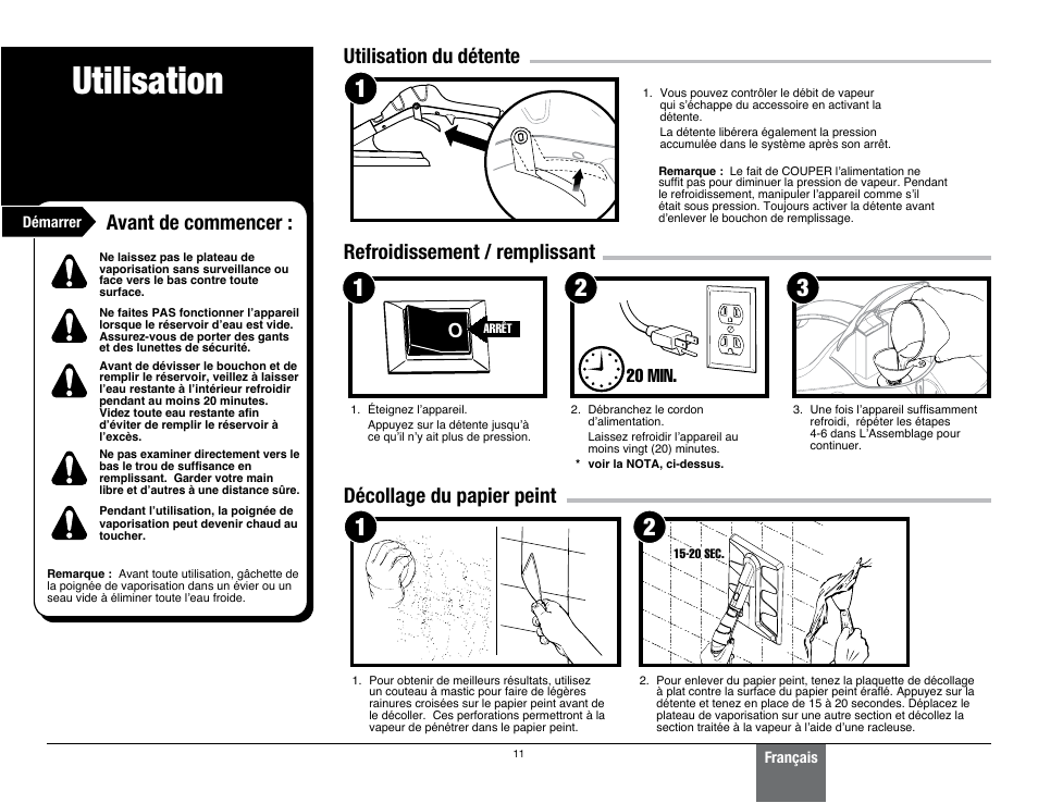 Utilisation, Avant de commencer, Lo o | 20 min | Wagner 915 On-Demand Steamer User Manual | Page 11 / 20