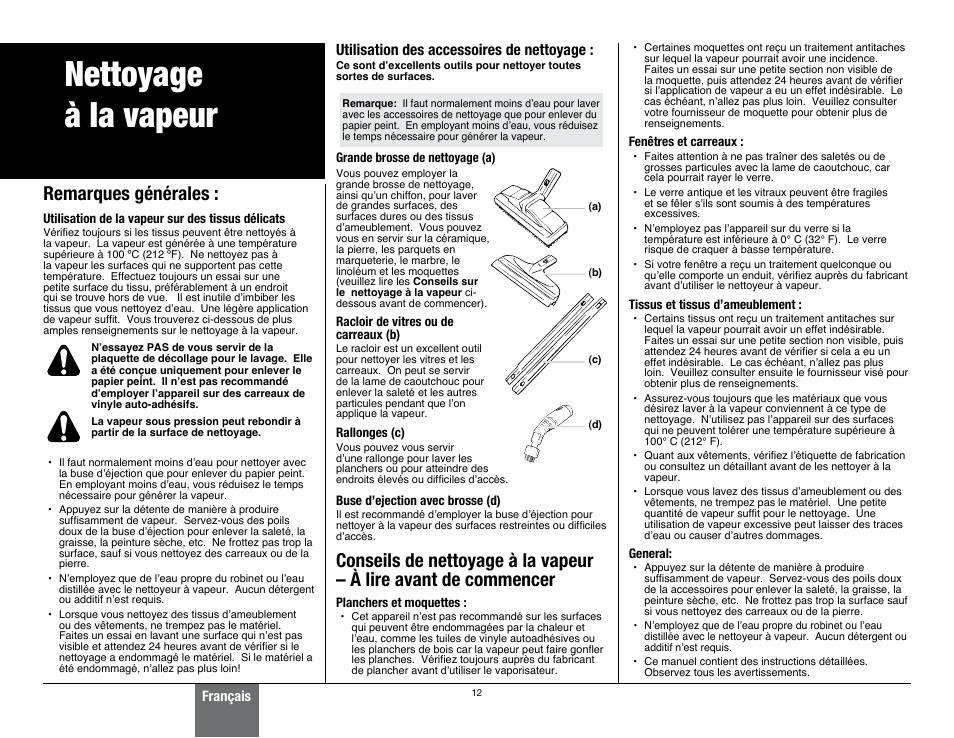 Safety, Nettoyage à la vapeur, Remarques générales | Utilisation des accessoires de nettoyage | Wagner 915 On-Demand Steamer User Manual | Page 12 / 20