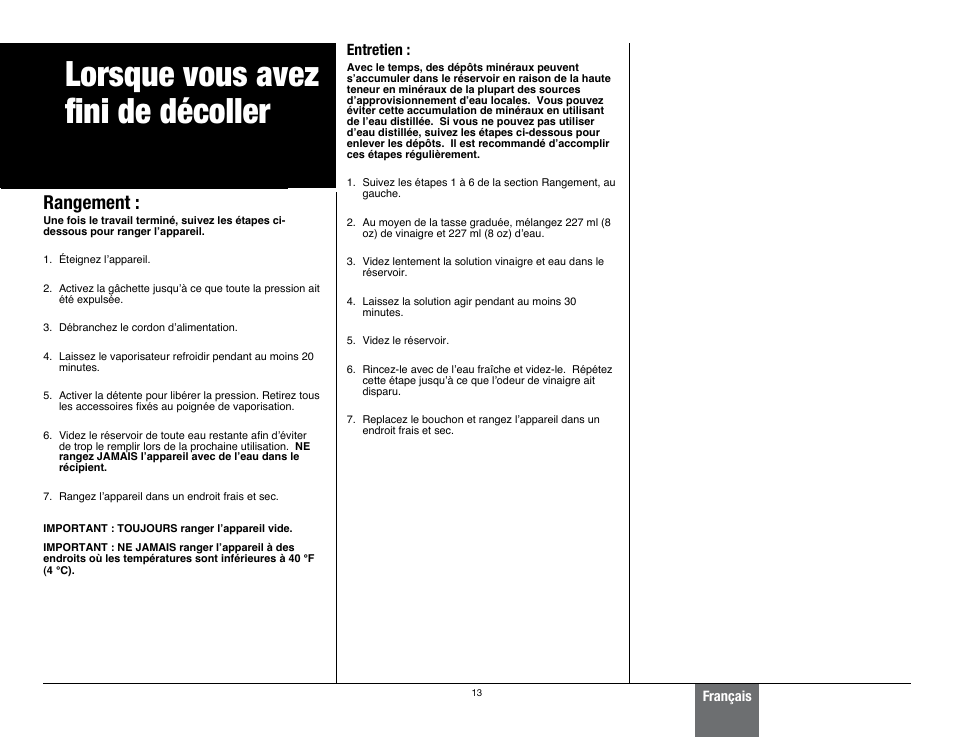 Safety lorsque vous avez fini de décoller, Rangement | Wagner 915 On-Demand Steamer User Manual | Page 13 / 20