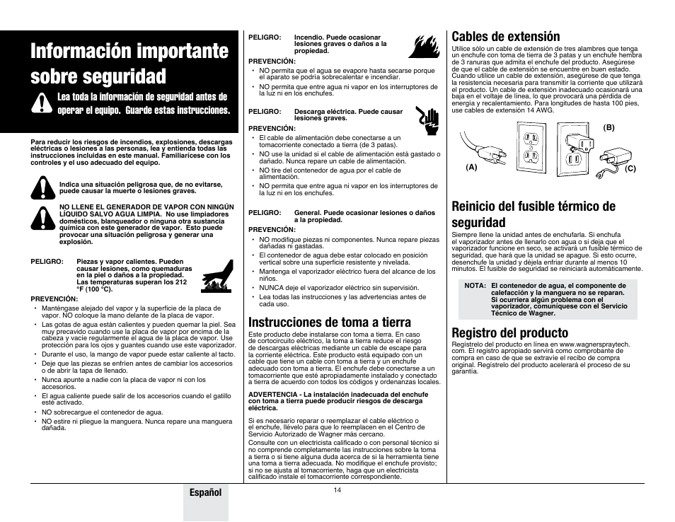 Información importante sobre seguridad, Cables de extensión, Reinicio del fusible térmico de seguridad | Registro del producto, Instrucciones de toma a tierra, Español | Wagner 915 On-Demand Steamer User Manual | Page 14 / 20