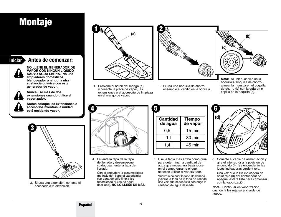 Montaje, Antes de comenzar, Iniciar | Wagner 915 On-Demand Steamer User Manual | Page 16 / 20