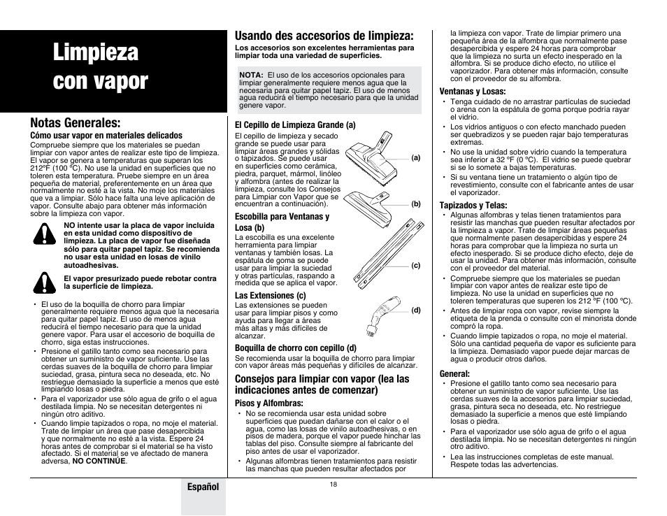 Safety, Limpieza con vapor, Notas generales | Usando des accesorios de limpieza | Wagner 915 On-Demand Steamer User Manual | Page 18 / 20