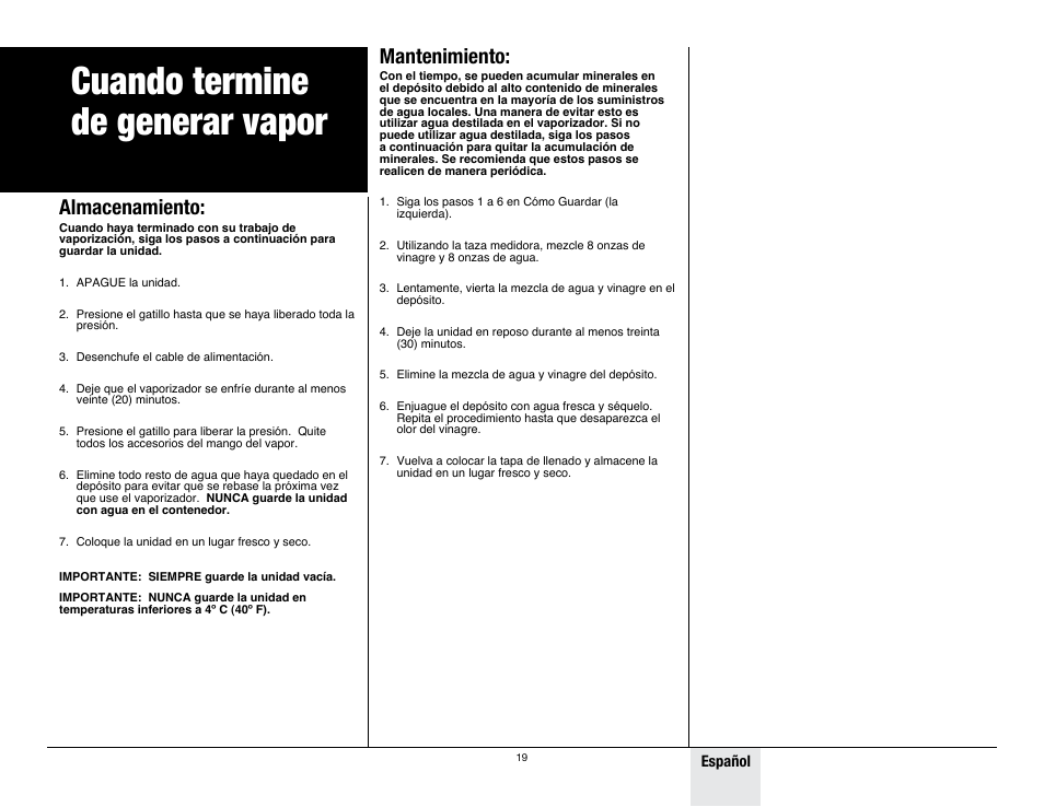 Safety, Cuando termine de generar vapor, Almacenamiento | Mantenimiento | Wagner 915 On-Demand Steamer User Manual | Page 19 / 20