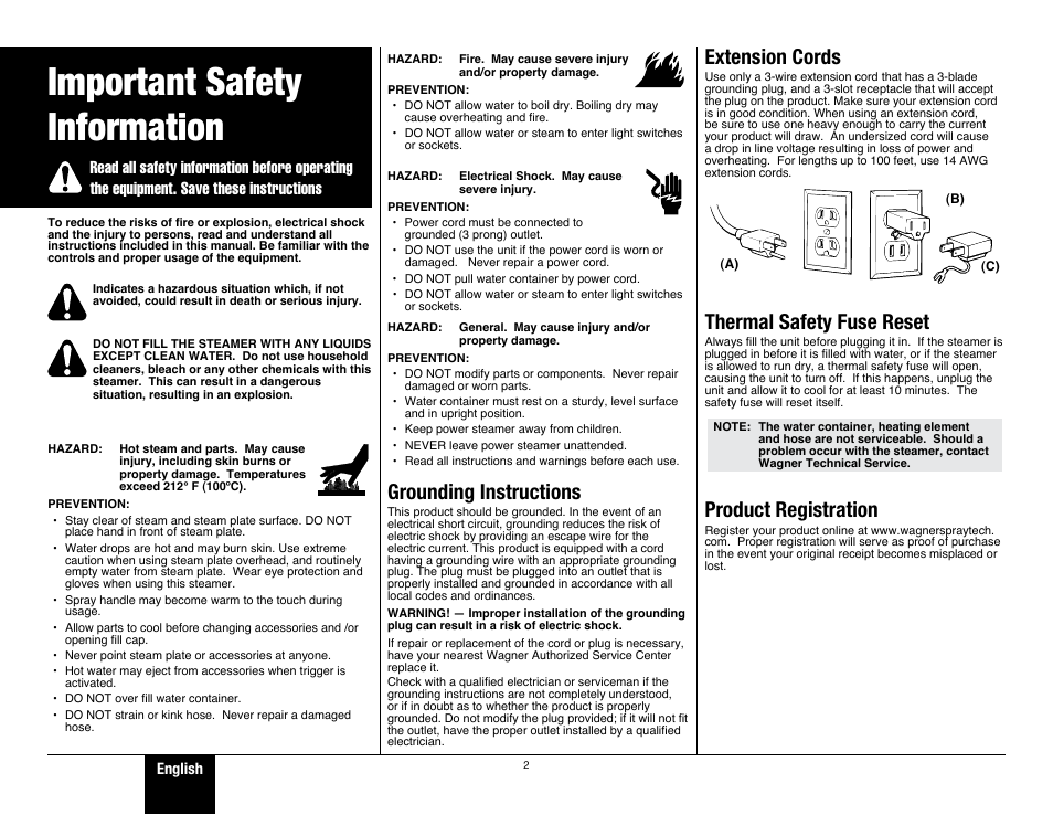 Important safety information, Grounding instructions, Extension cords | Thermal safety fuse reset, Product registration | Wagner 915 On-Demand Steamer User Manual | Page 2 / 20