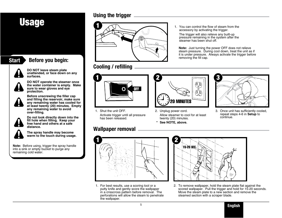 Usage, Before you begin, Lo o | Wagner 915 On-Demand Steamer User Manual | Page 5 / 20