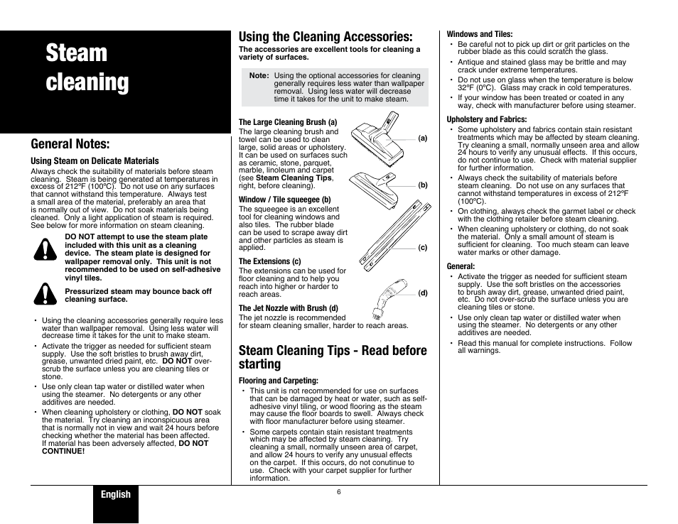 Safety, Steam cleaning, Using the cleaning accessories | Steam cleaning tips - read before starting | Wagner 915 On-Demand Steamer User Manual | Page 6 / 20