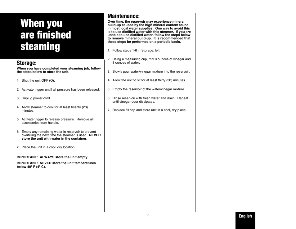 When you are finished steaming, Storage, Maintenance | Wagner 915 On-Demand Steamer User Manual | Page 7 / 20