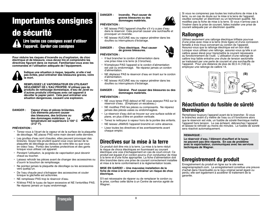 Importantes consignes de sécurité, Rallonges, Réactivation du fusible de sûreté thermique | Enregistrement du produit, Directives sur la mise à la terre, Français | Wagner 915 On-Demand Steamer User Manual | Page 8 / 20