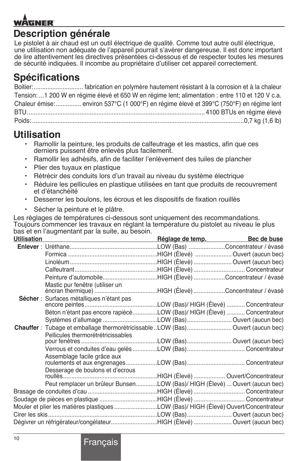 Description générale, Spécifications, Utilisation | Français | Wagner HT1000 User Manual | Page 10 / 28