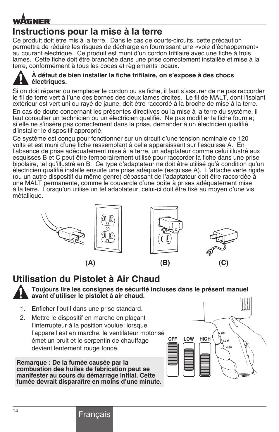 Instructions pour la mise à la terre, Utilisation du pistolet à air chaud, Français | Wagner HT1000 User Manual | Page 14 / 28
