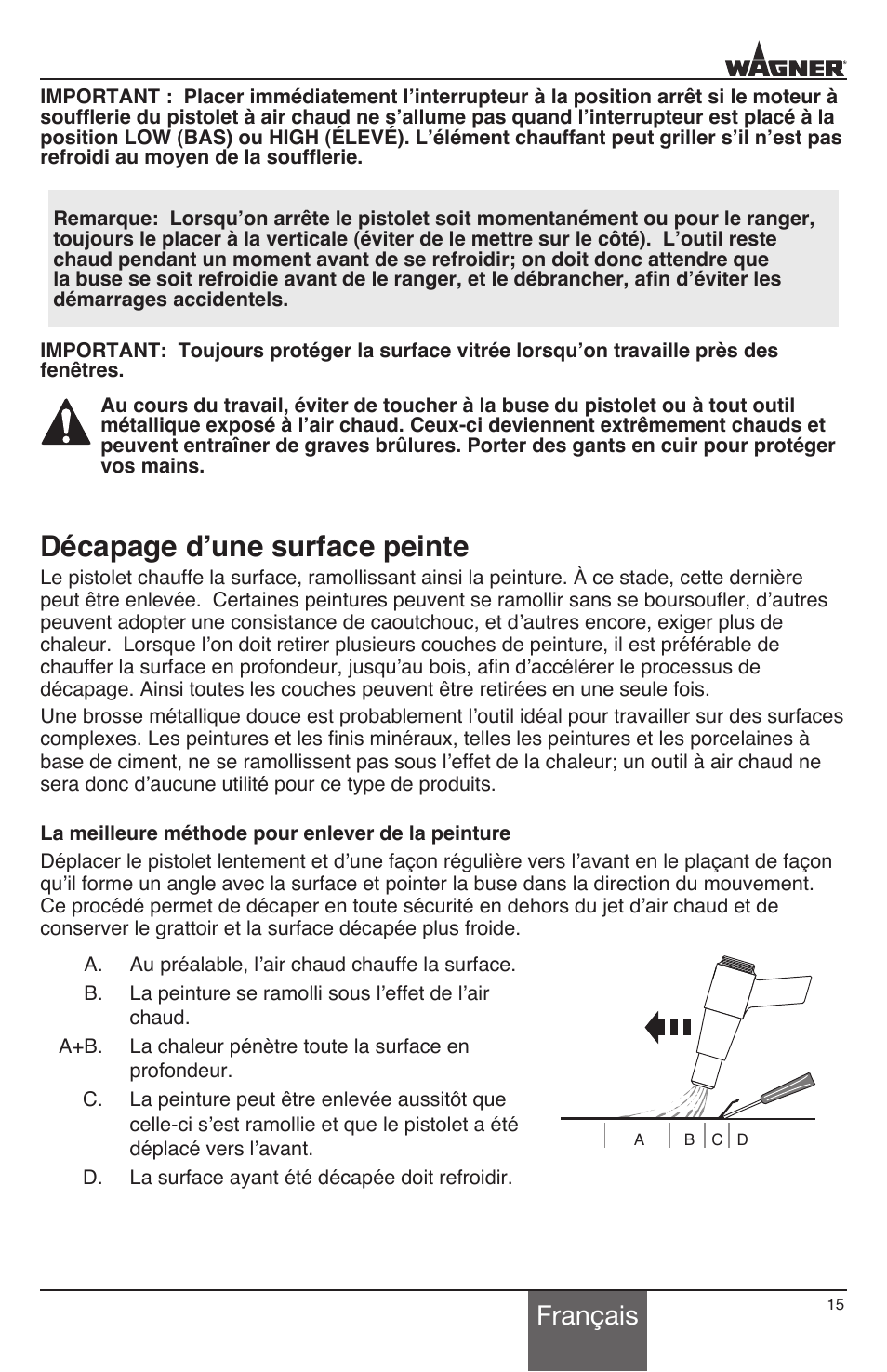 Décapage d’une surface peinte, Français | Wagner HT1000 User Manual | Page 15 / 28