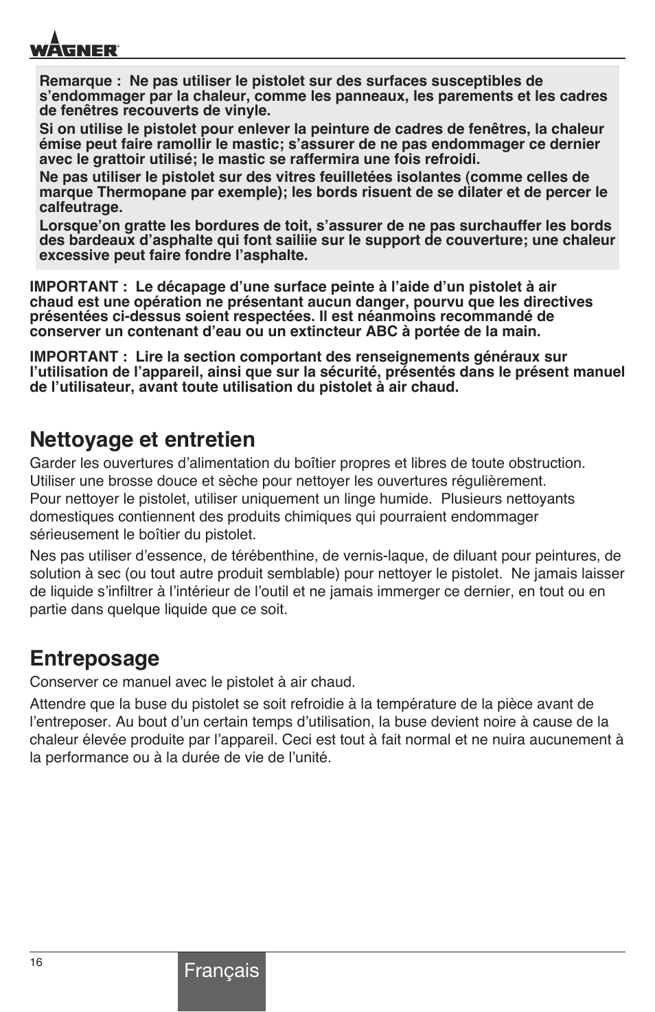 Nettoyage et entretien, Entreposage, Français | Wagner HT1000 User Manual | Page 16 / 28