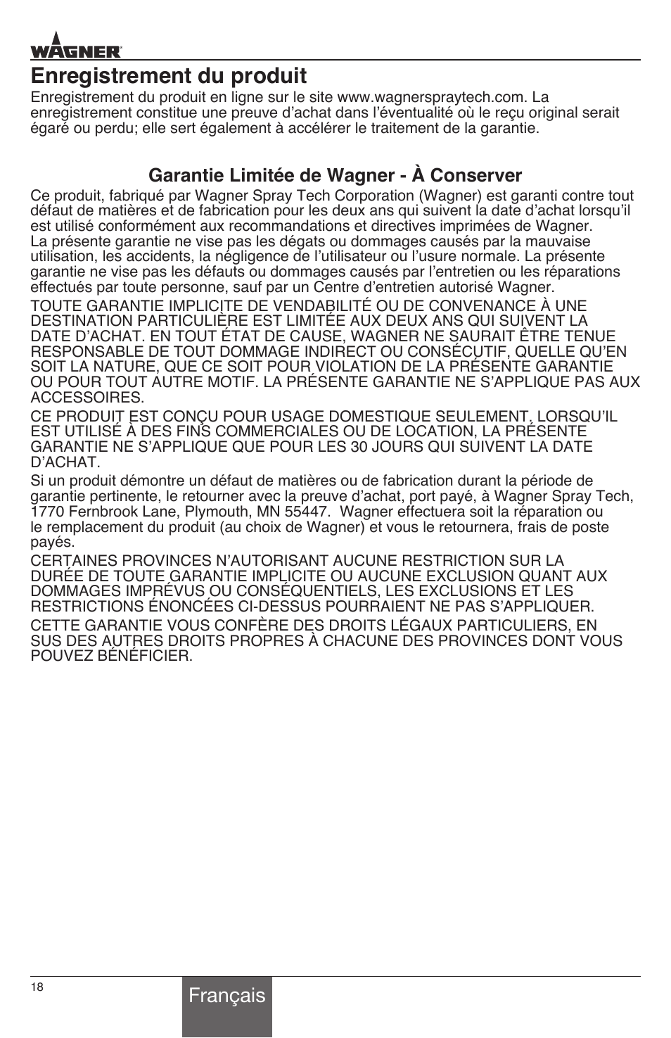 Enregistrement du produit, Français, Garantie limitée de wagner - à conserver | Wagner HT1000 User Manual | Page 18 / 28