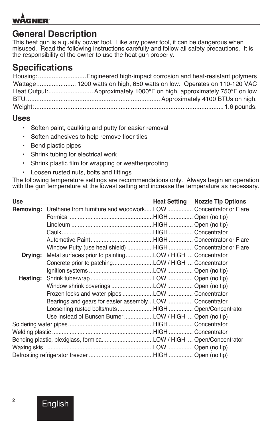 General description, Specifications, English | Uses | Wagner HT1000 User Manual | Page 2 / 28