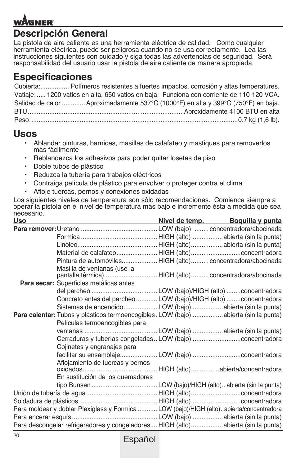 Descripción general, Especificaciones, Usos | Español | Wagner HT1000 User Manual | Page 20 / 28