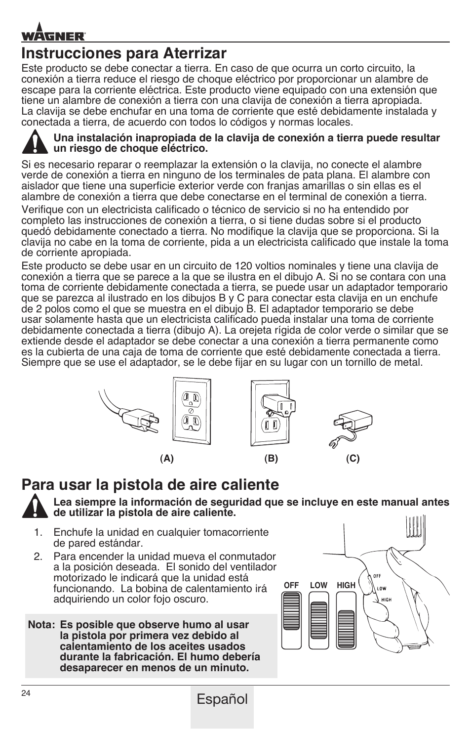 Instrucciones para aterrizar, Para usar la pistola de aire caliente, Español | Wagner HT1000 User Manual | Page 24 / 28
