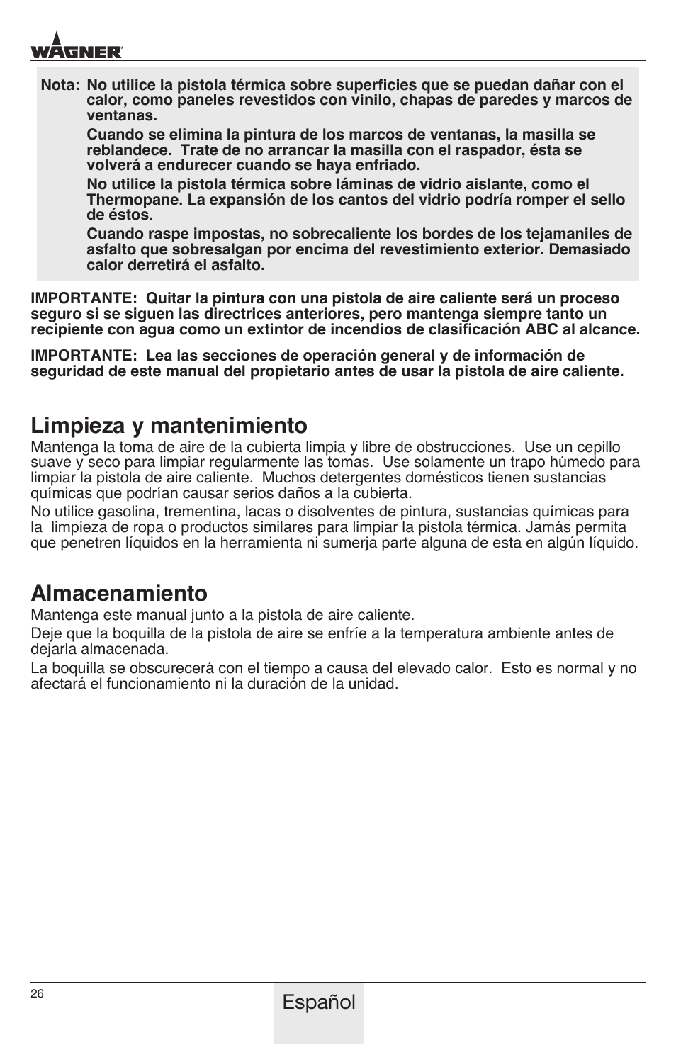 Limpieza y mantenimiento, Almacenamiento, Español | Wagner HT1000 User Manual | Page 26 / 28