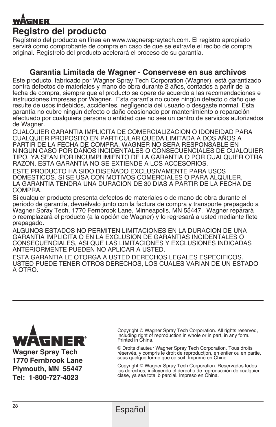 Registro del producto, Español | Wagner HT1000 User Manual | Page 28 / 28