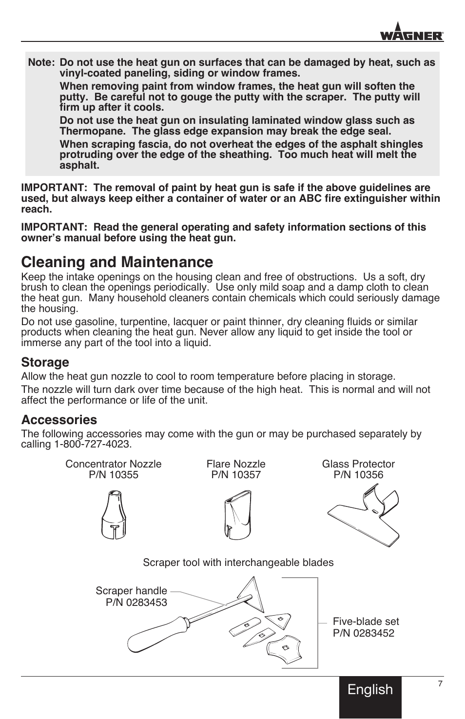 Cleaning and maintenance, English, Storage | Accessories | Wagner HT1000 User Manual | Page 7 / 28