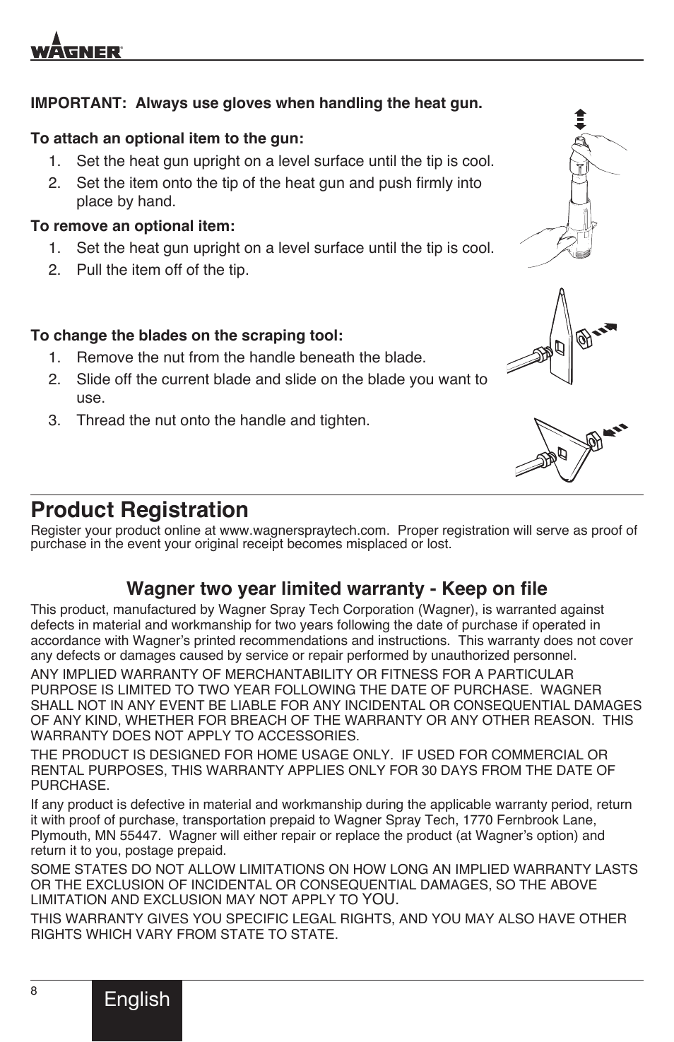 Product registration, English, Wagner two year limited warranty - keep on file | Wagner HT1000 User Manual | Page 8 / 28