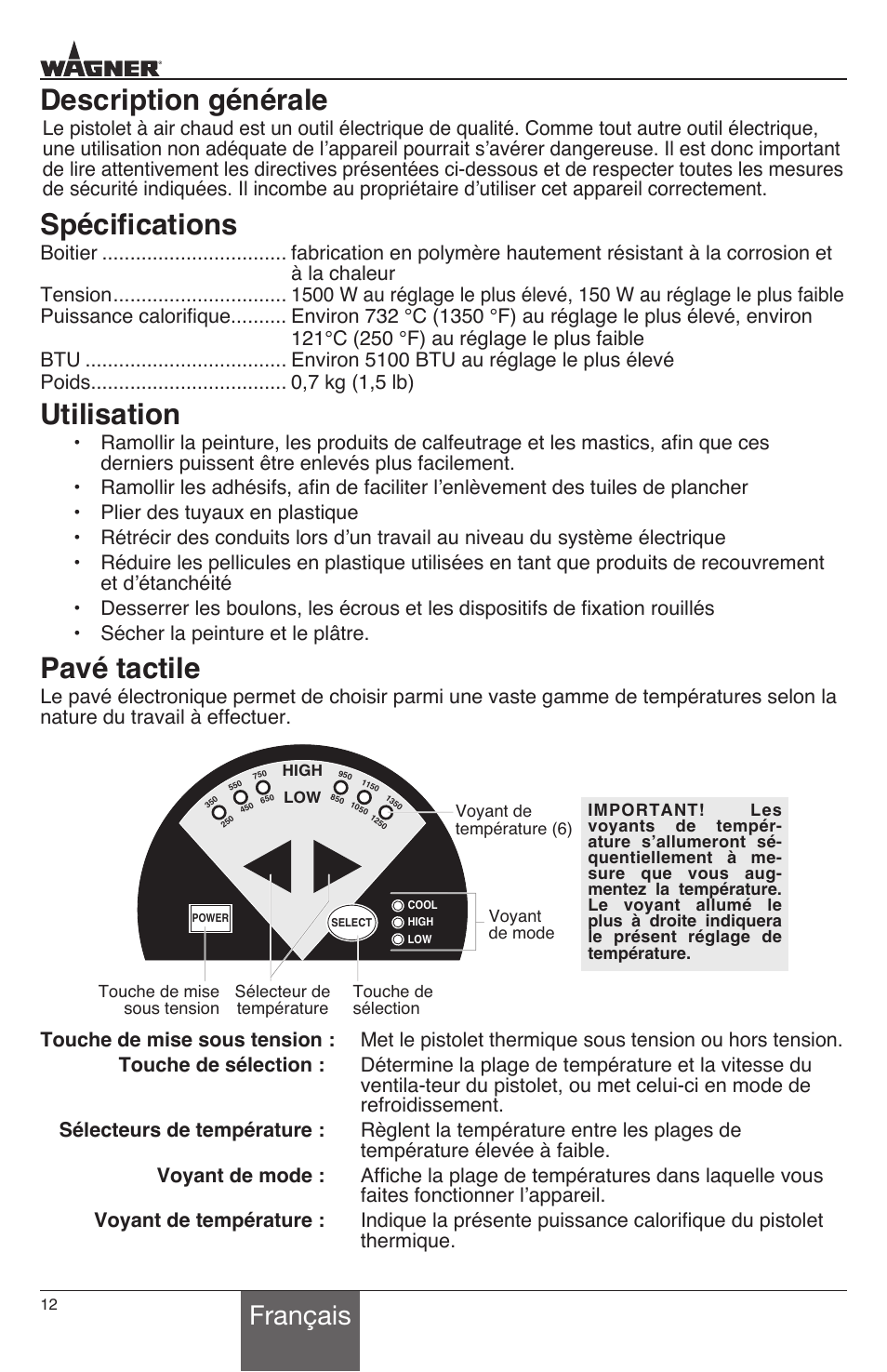 Description générale, Spécifications, Utilisation | Pavé tactile, Français | Wagner HT3500 User Manual | Page 12 / 32