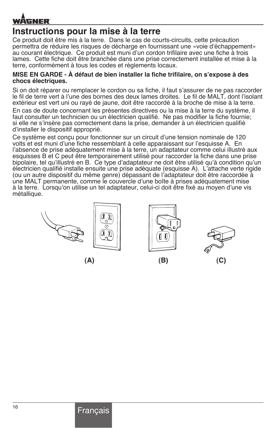 Instructions pour la mise à la terre, Français | Wagner HT3500 User Manual | Page 16 / 32