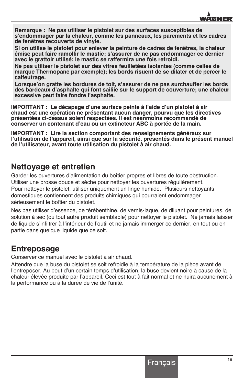 Nettoyage et entretien, Entreposage, Français | Wagner HT3500 User Manual | Page 19 / 32