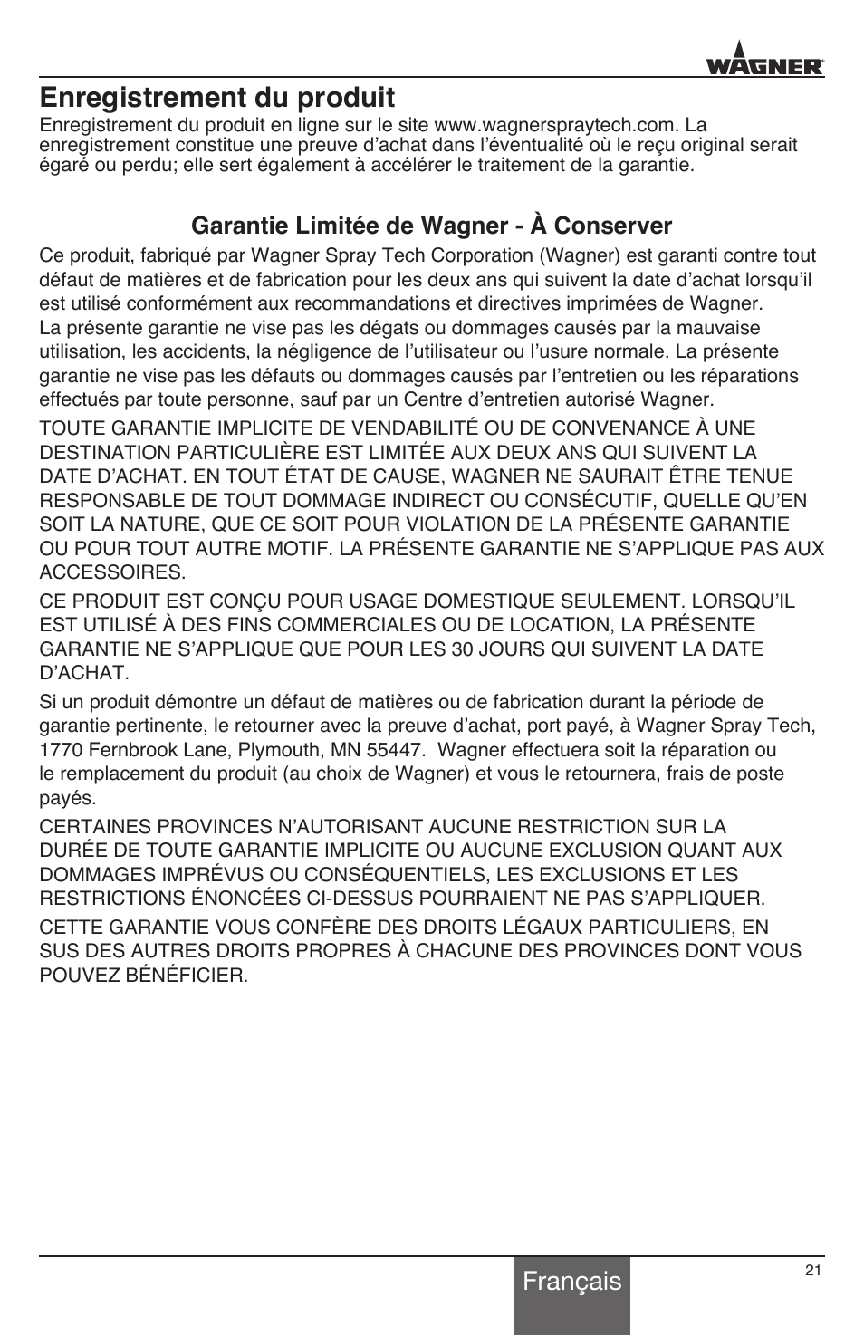 Enregistrement du produit, Français, Garantie limitée de wagner - à conserver | Wagner HT3500 User Manual | Page 21 / 32