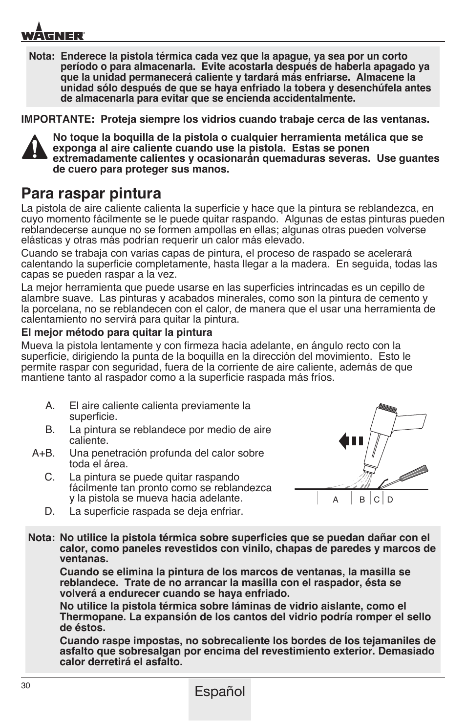 Para raspar pintura, Español | Wagner HT3500 User Manual | Page 30 / 32