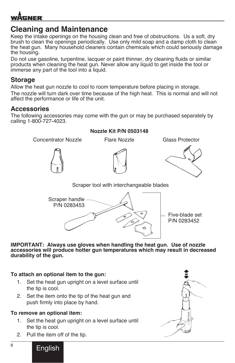 Cleaning and maintenance, English, Storage | Accessories | Wagner HT3500 User Manual | Page 8 / 32