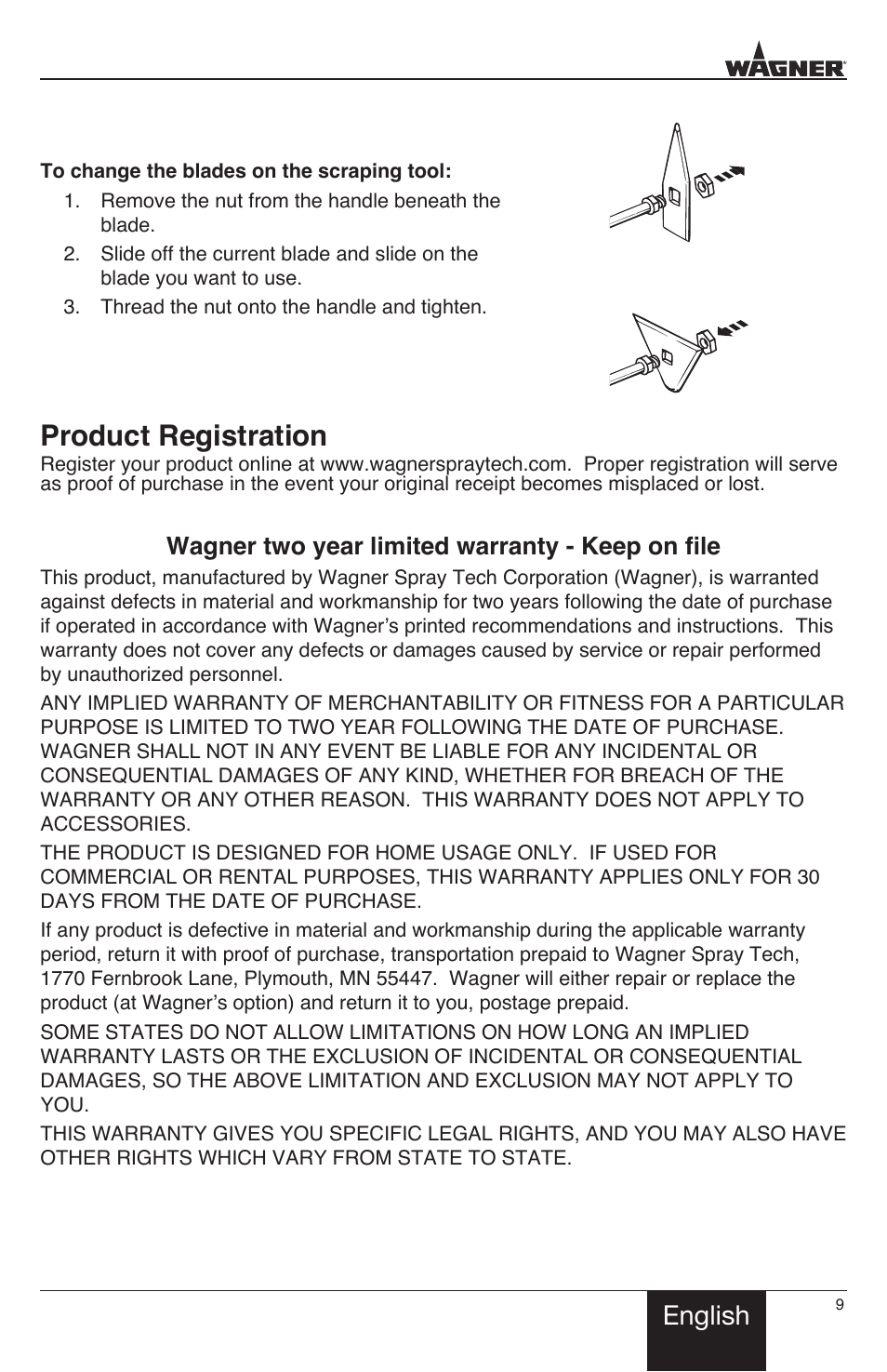 Product registration, English, Wagner two year limited warranty - keep on file | Wagner HT3500 User Manual | Page 9 / 32