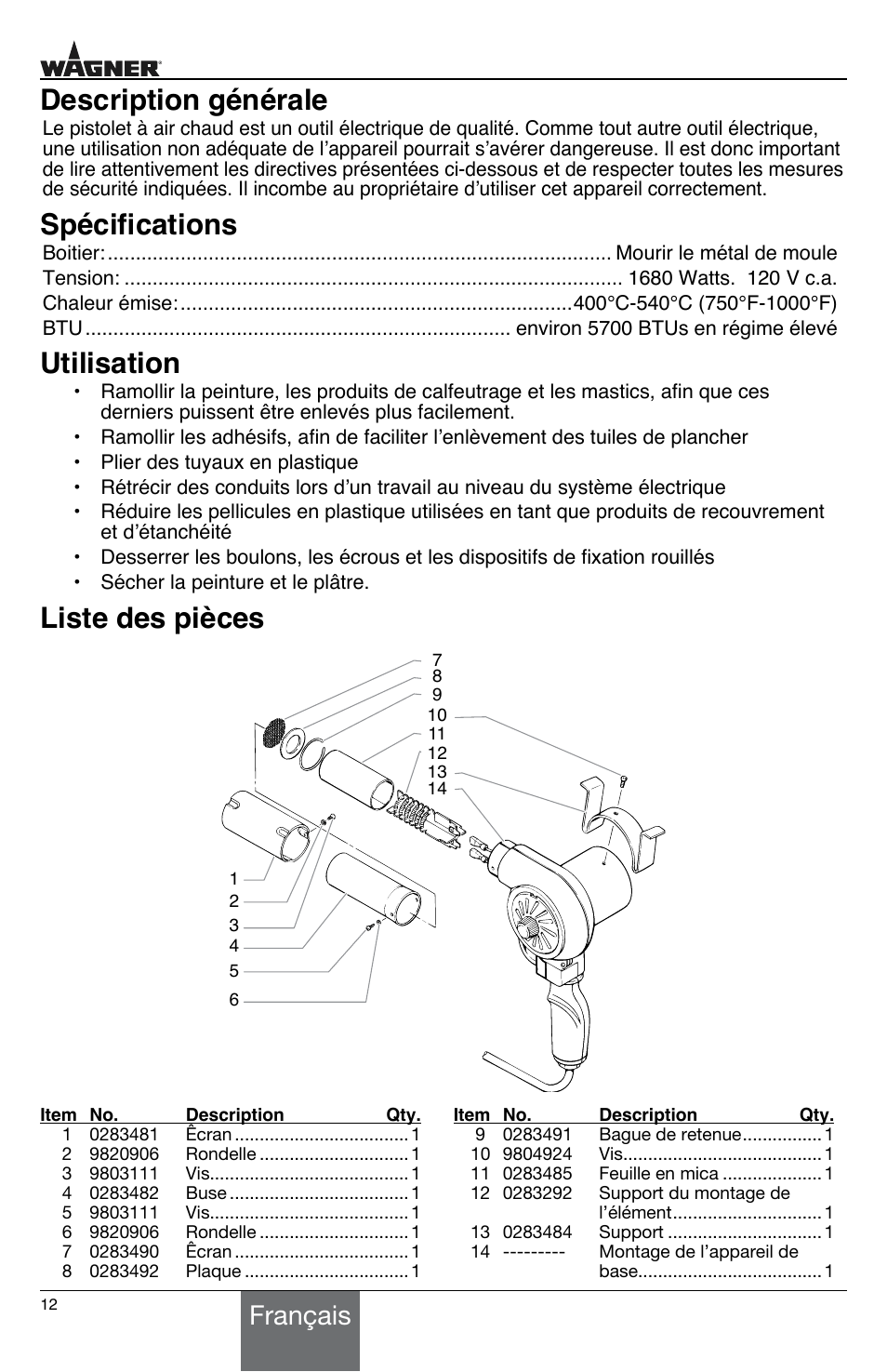 Description générale, Spécifications, Utilisation | Liste des pièces, Français | Wagner HT775 User Manual | Page 12 / 32