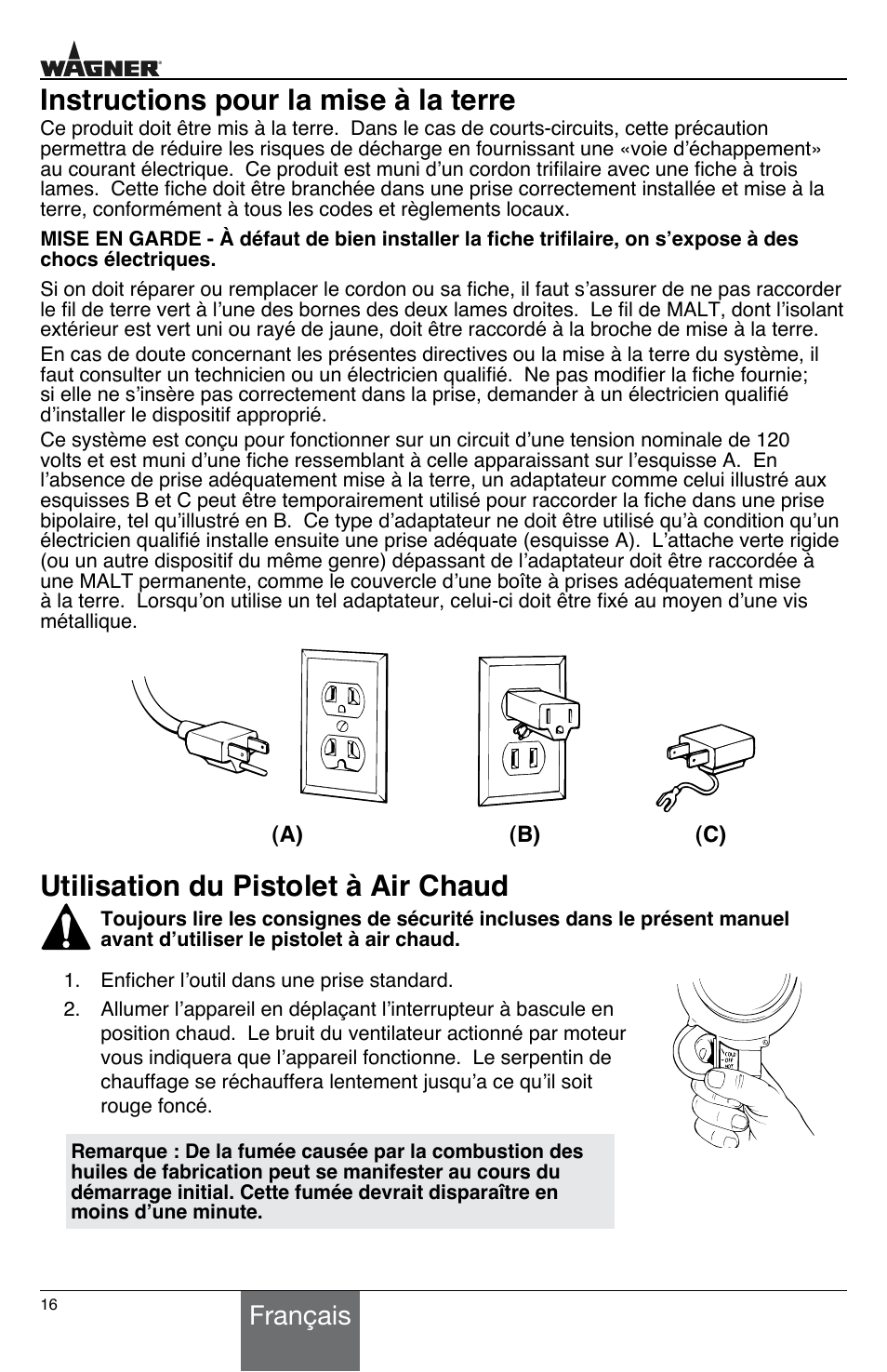 Instructions pour la mise à la terre, Utilisation du pistolet à air chaud, Français | Wagner HT775 User Manual | Page 16 / 32