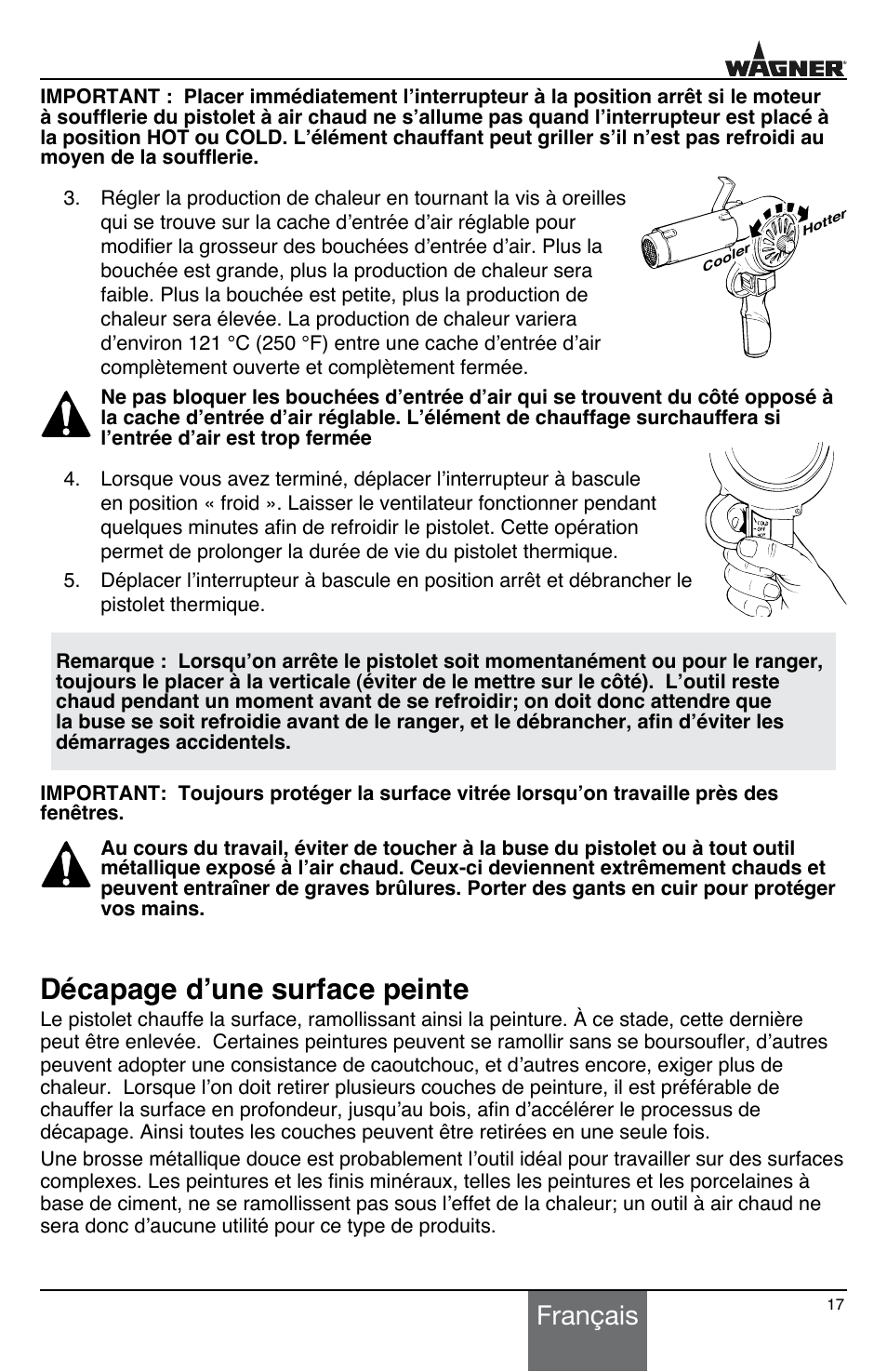 Décapage d’une surface peinte, Français | Wagner HT775 User Manual | Page 17 / 32
