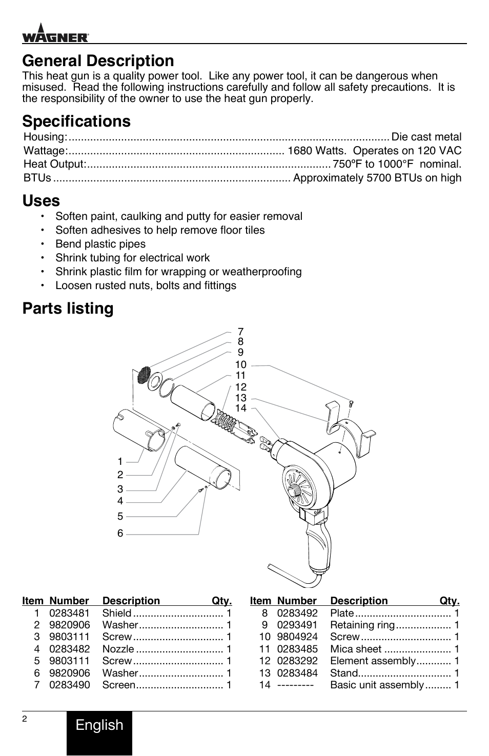 General description, Specifications, Uses | Parts listing, English | Wagner HT775 User Manual | Page 2 / 32