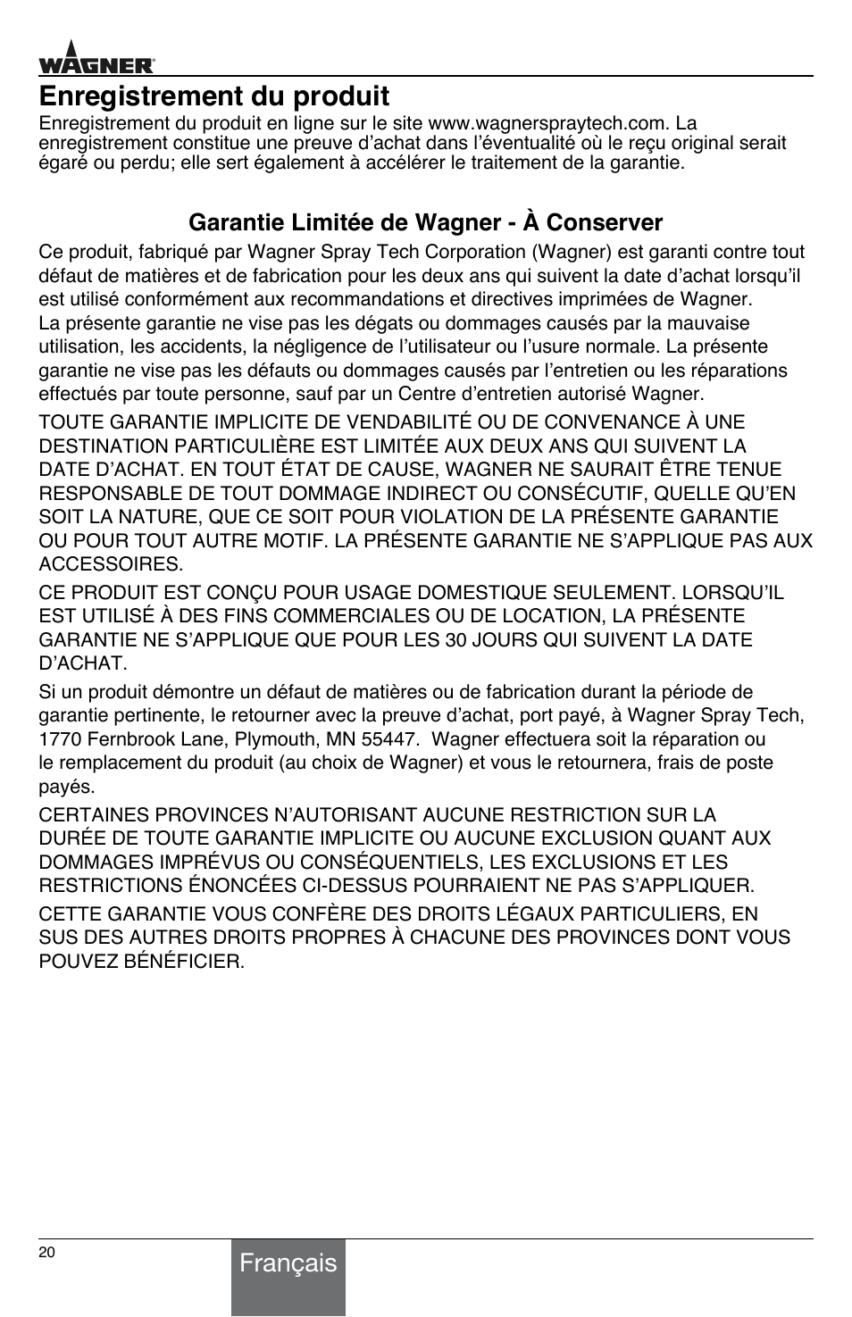 Enregistrement du produit, Français, Garantie limitée de wagner - à conserver | Wagner HT775 User Manual | Page 20 / 32