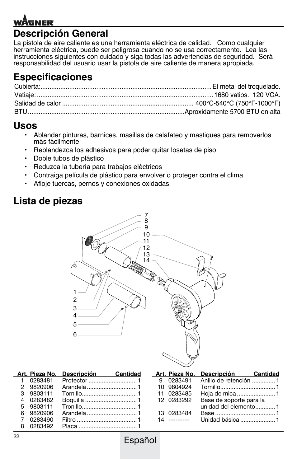 Descripción general, Especificaciones, Usos | Lista de piezas, Español | Wagner HT775 User Manual | Page 22 / 32