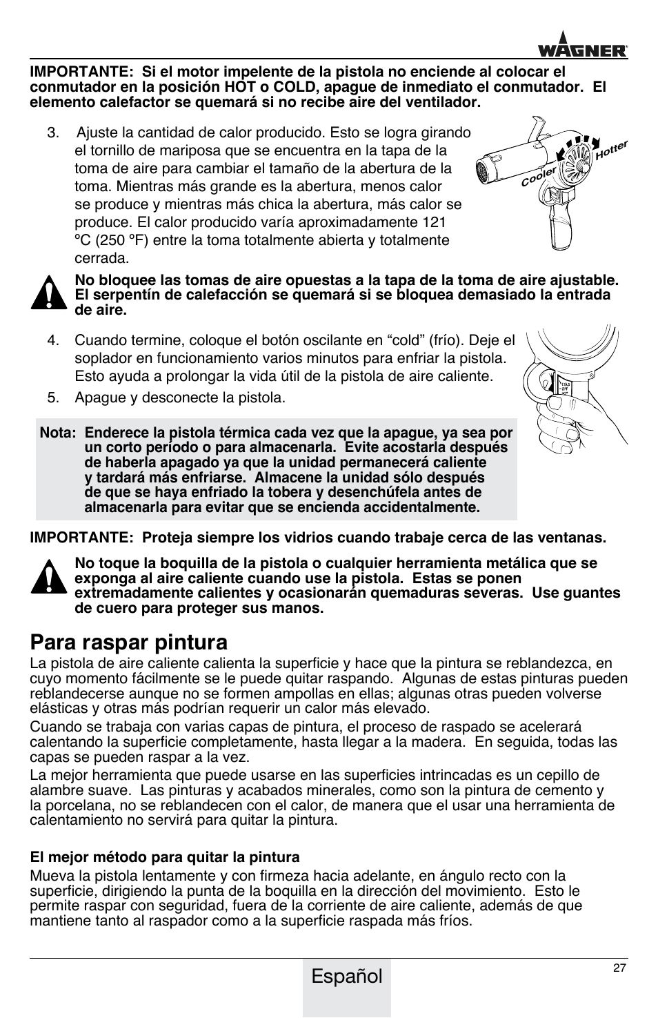 Para raspar pintura, Español | Wagner HT775 User Manual | Page 27 / 32