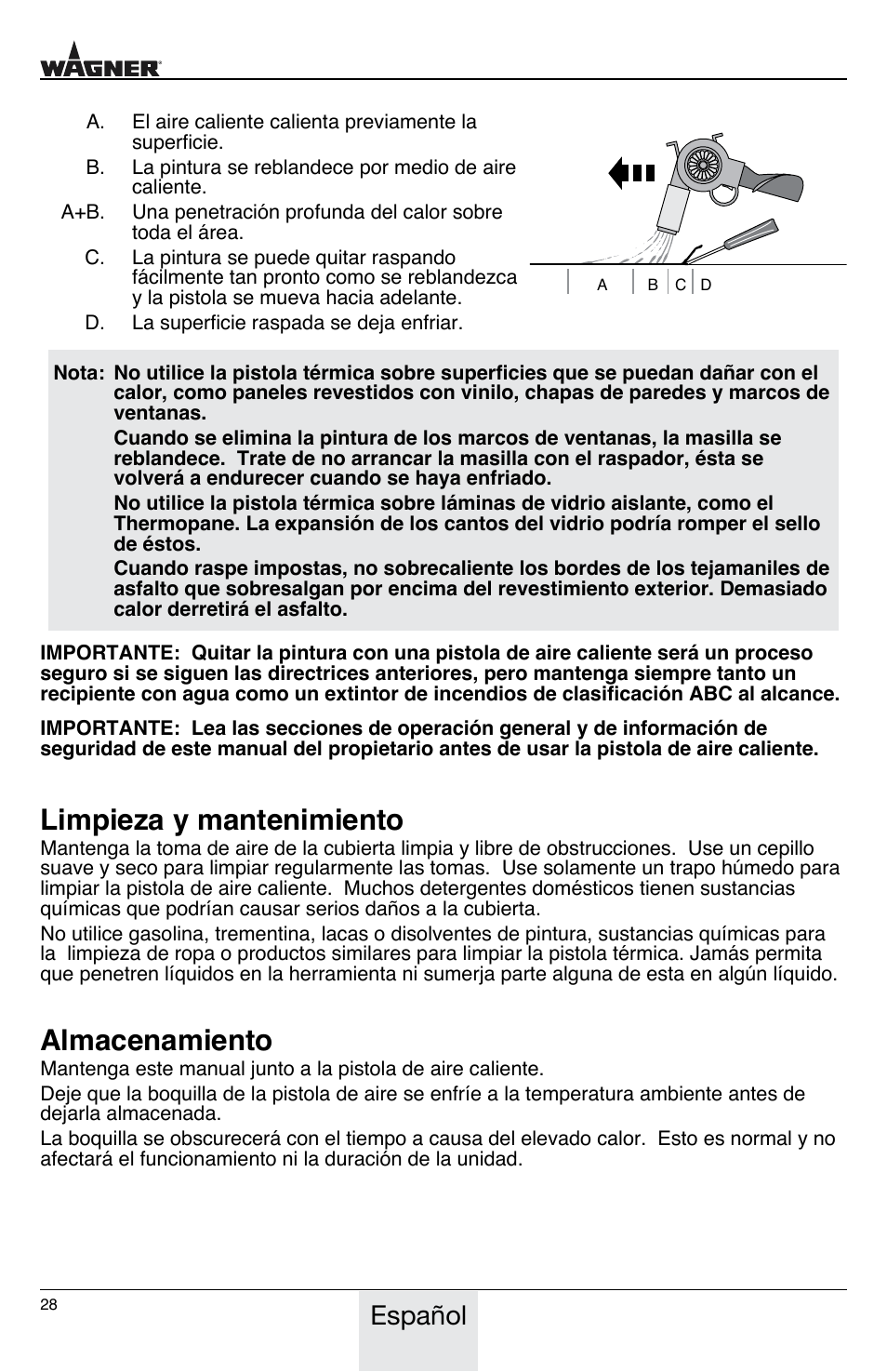Limpieza y mantenimiento, Almacenamiento, Español | Wagner HT775 User Manual | Page 28 / 32