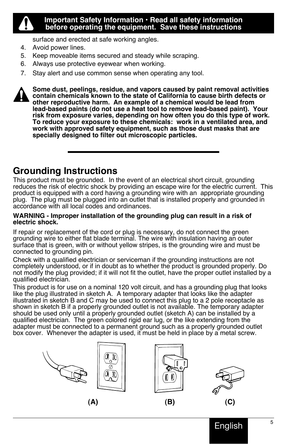 Grounding instructions, English | Wagner HT775 User Manual | Page 5 / 32