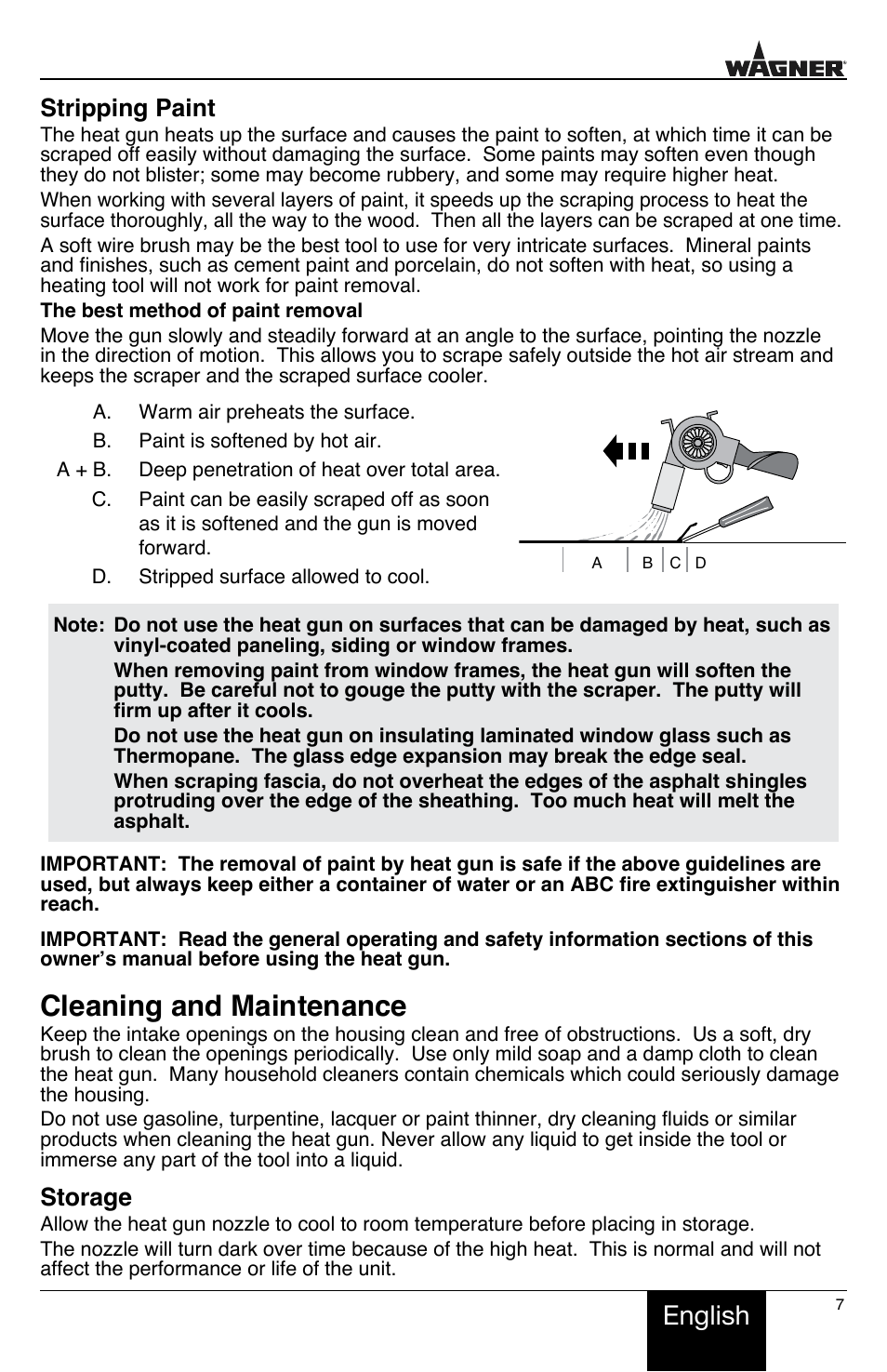 Cleaning and maintenance, English, Stripping paint | Storage | Wagner HT775 User Manual | Page 7 / 32