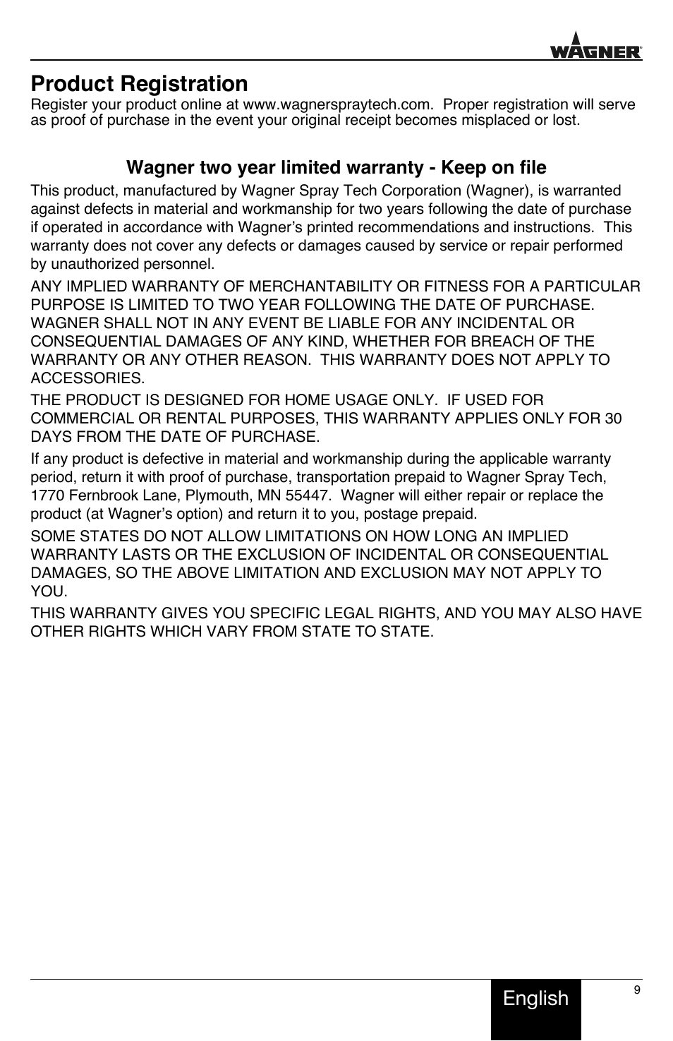 Product registration, English, Wagner two year limited warranty - keep on file | Wagner HT775 User Manual | Page 9 / 32
