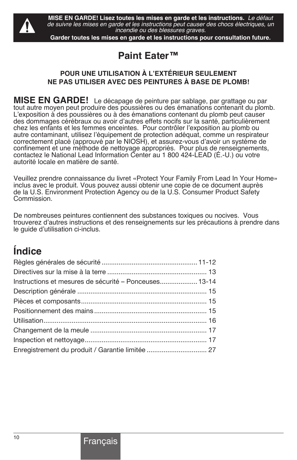 Paint eater, Índice, Français | Mise en garde | Wagner PaintEater User Manual | Page 10 / 28
