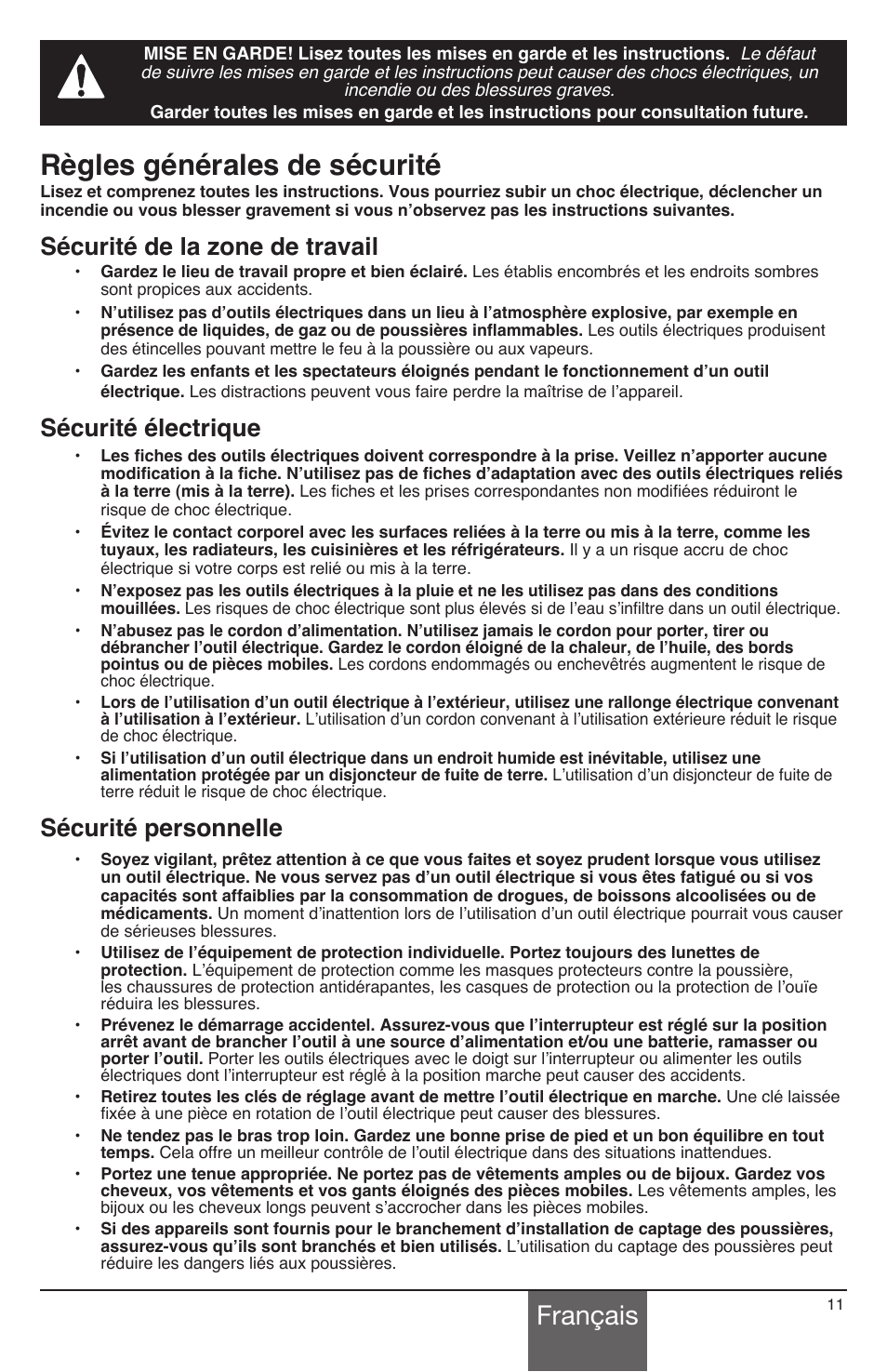 Règles générales de sécurité, Français, Sécurité de la zone de travail | Sécurité électrique, Sécurité personnelle | Wagner PaintEater User Manual | Page 11 / 28