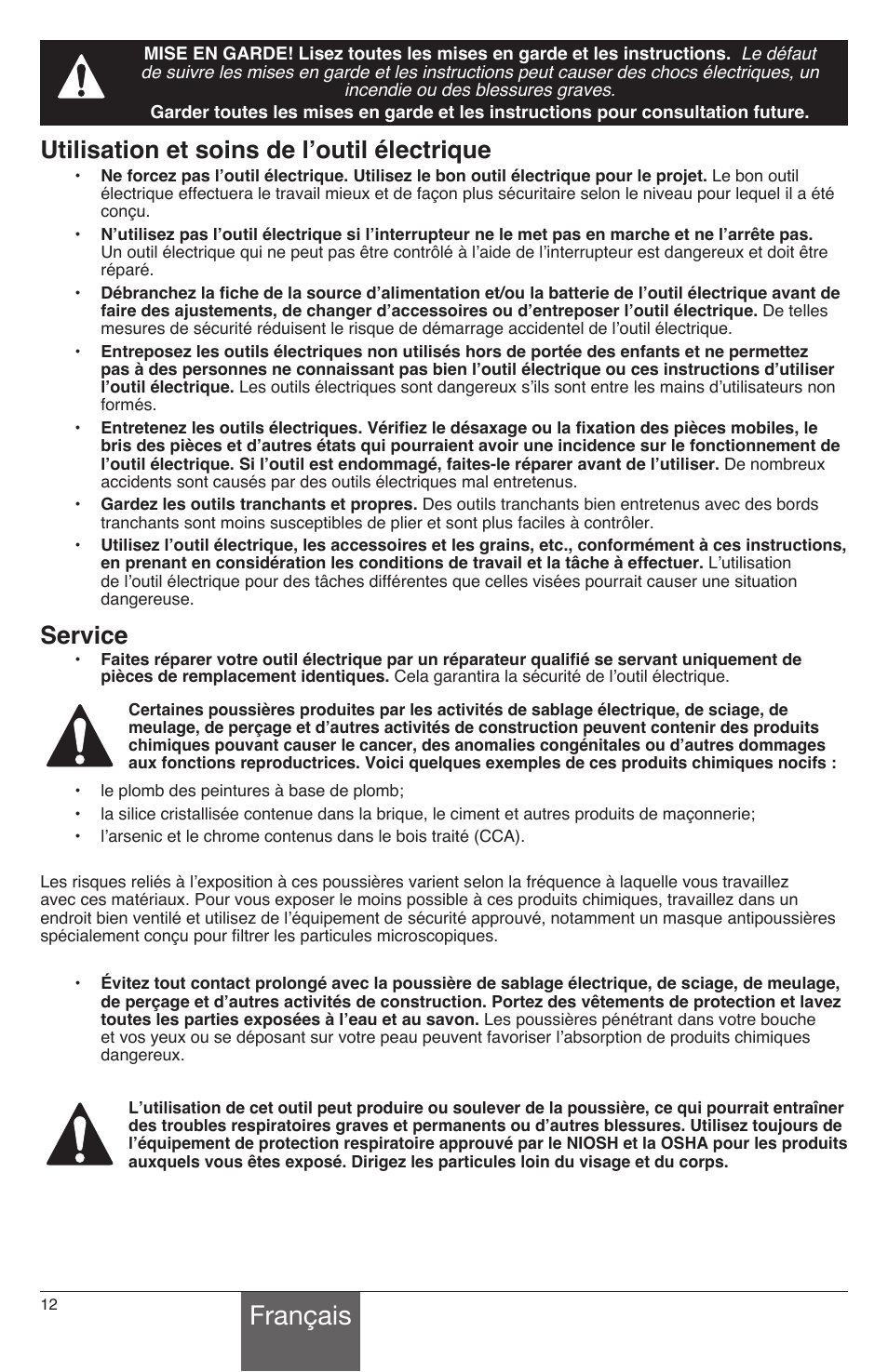 Français, Utilisation et soins de l’outil électrique, Service | Wagner PaintEater User Manual | Page 12 / 28