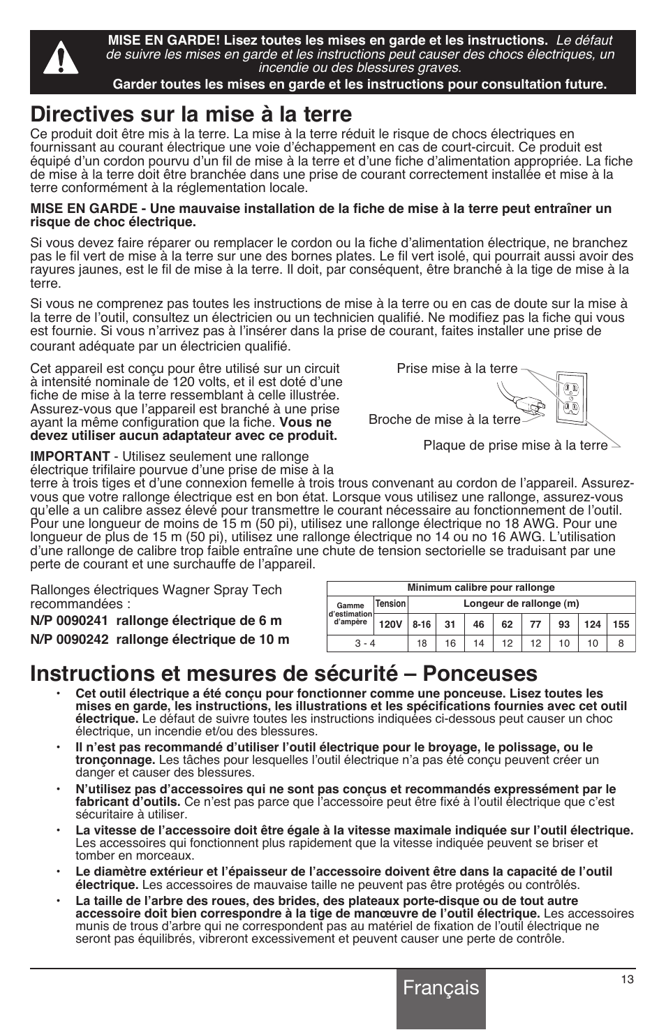 Directives sur la mise à la terre, Instructions et mesures de sécurité – ponceuses, Français | Wagner PaintEater User Manual | Page 13 / 28