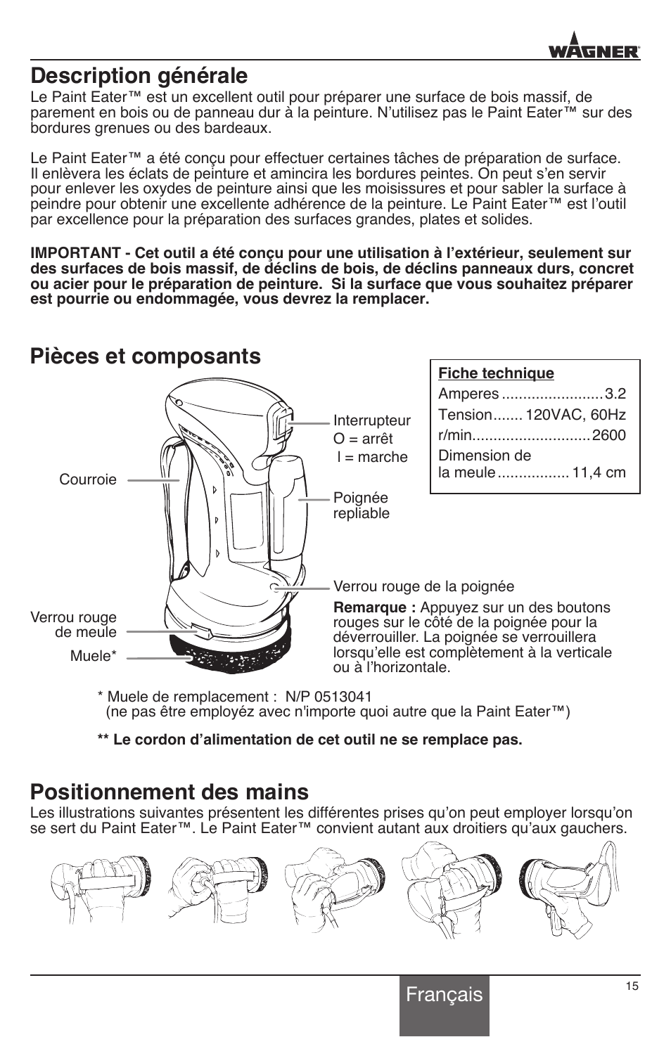 Description générale, Pièces et composants, Positionnement des mains | Français | Wagner PaintEater User Manual | Page 15 / 28
