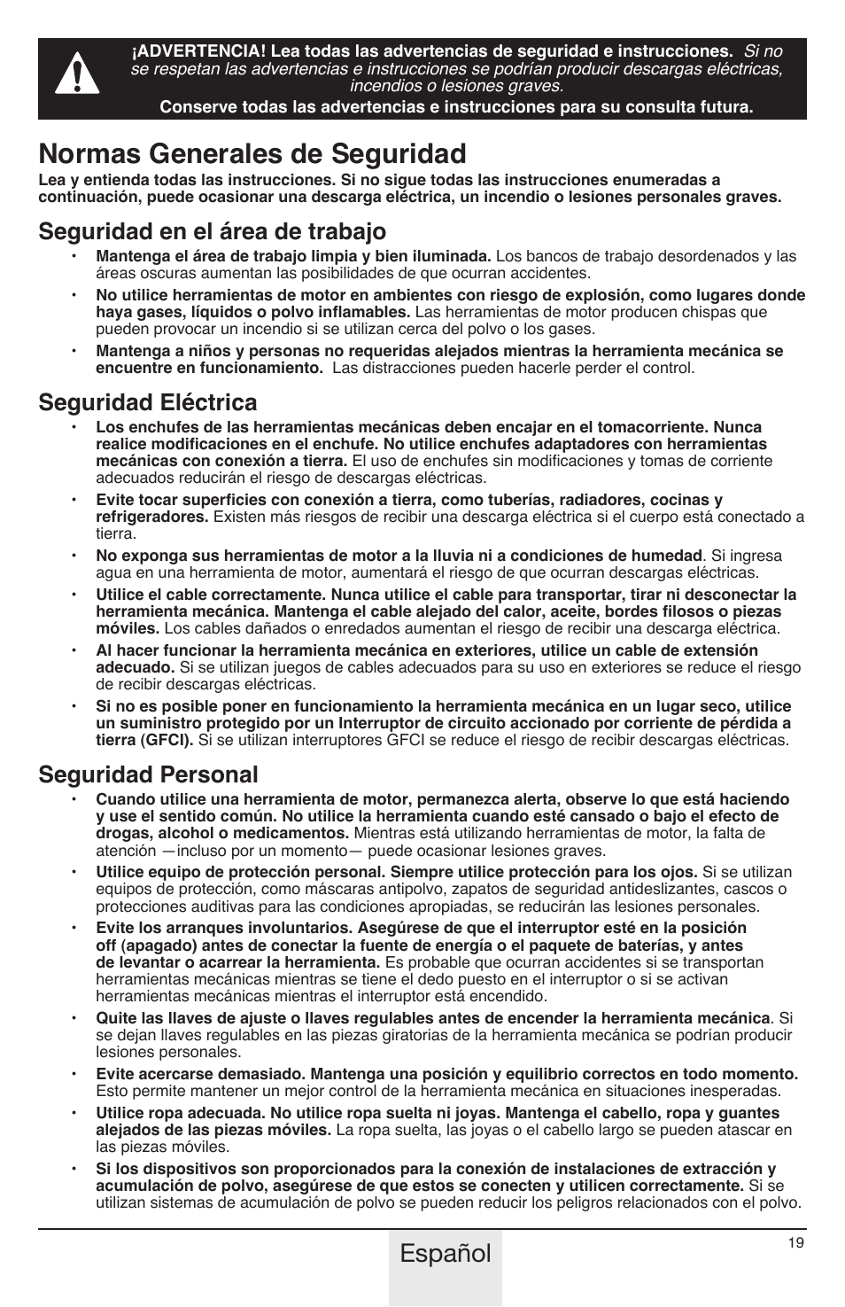 Normas generales de seguridad, Español, Seguridad en el área de trabajo | Seguridad eléctrica, Seguridad personal | Wagner PaintEater User Manual | Page 19 / 28